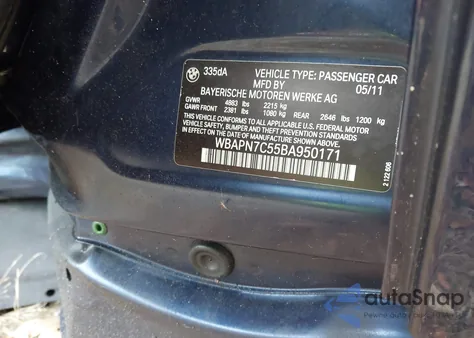 2011 BMW 335D из США, поврежденный, VIN WBAPN7C55BA950171